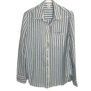 H&M Womens Button Down Striped Shirt Linen Sm Blue White Coastal Beach Resort